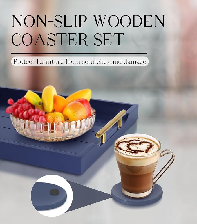 SXNOWS Coffee Table Tray - Large Ottoman Tray for Living Room - Wood Serving Tray with 2 Sets of Handles - Wooden Trays for Coffee Tables, 4 Round Coasters Included, Deep Blue