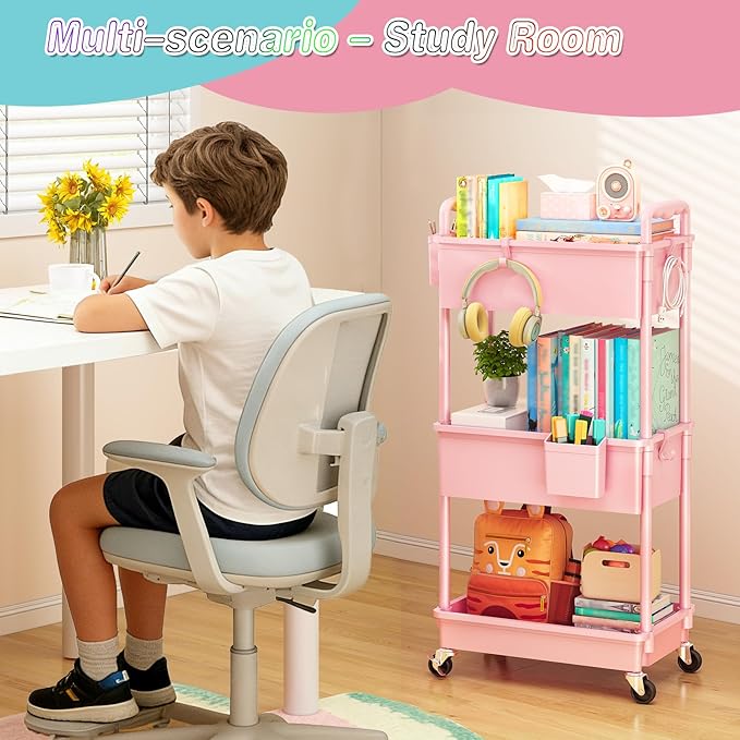 SUNALLY Baby Diaper Caddy Cart, 3 Tier Rolling Diaper Cart with Lockable Wheels for Nursery Essentials, Large Capacity & Easy Assemble Diaper Storage Organizer for Newborn,New Mom, Pink
