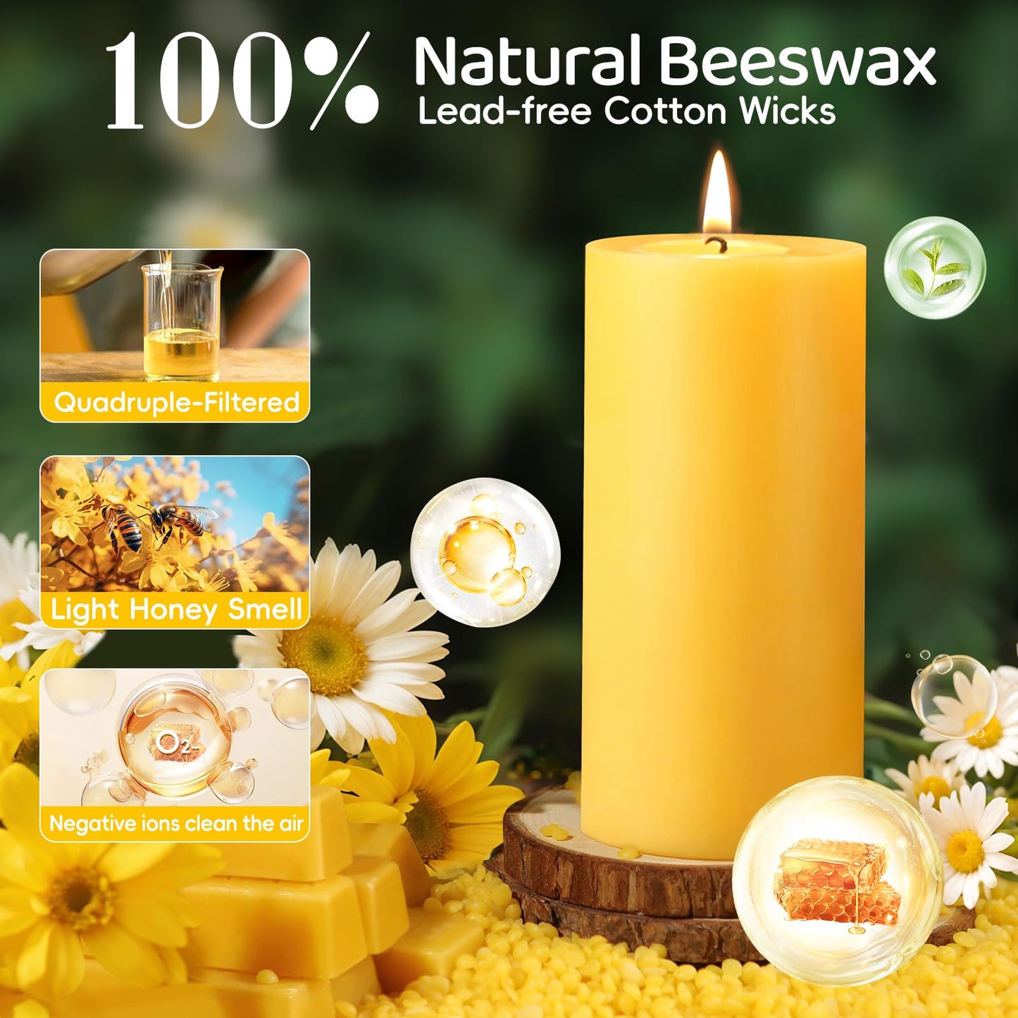 Natural Beeswax Pillar Candles,100% Pure Beeswax Candles-190 Hours Long Burning,Unscented Bees Wax Candles for Home,Prayer,Emergency,Dripless Smokeless Organic Pillar Candles Bluk-2.8x6in-2pack