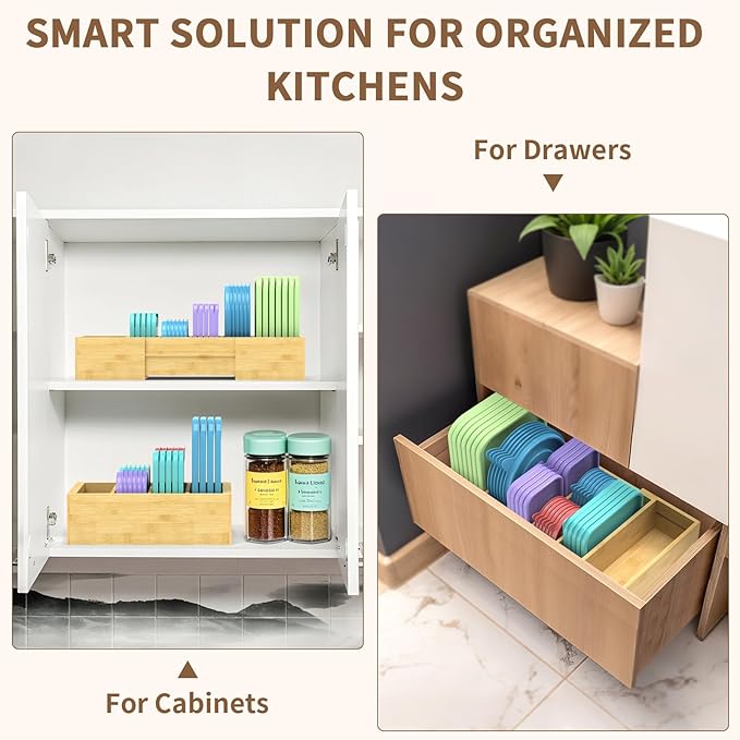 Retro Shaw Lid Organizer for Cabinet, Bamboo Expandable Kitchen Organizer with 3 Adjustable Dividers for Plastic Lids, Large Food Storage Container Lid Holder for Drawer, Countertop, Pantry