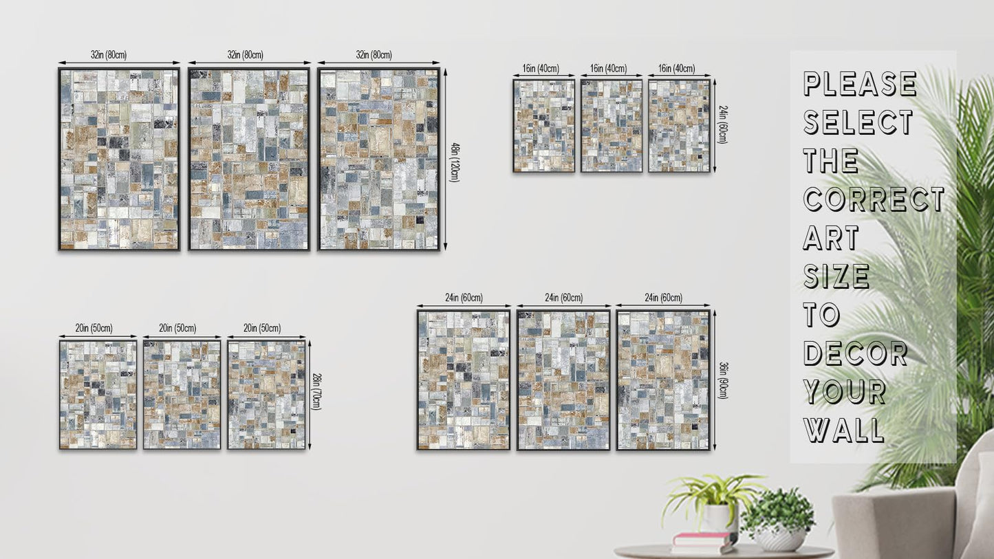 Large Framed Abstract Wall Art - Retro Block Wall Decor Painting 20"x28" Set of 3 Modern Wall Art Prints Rustic Mosaic Canvas Pictures for Living Room Bedroom Office Artwork