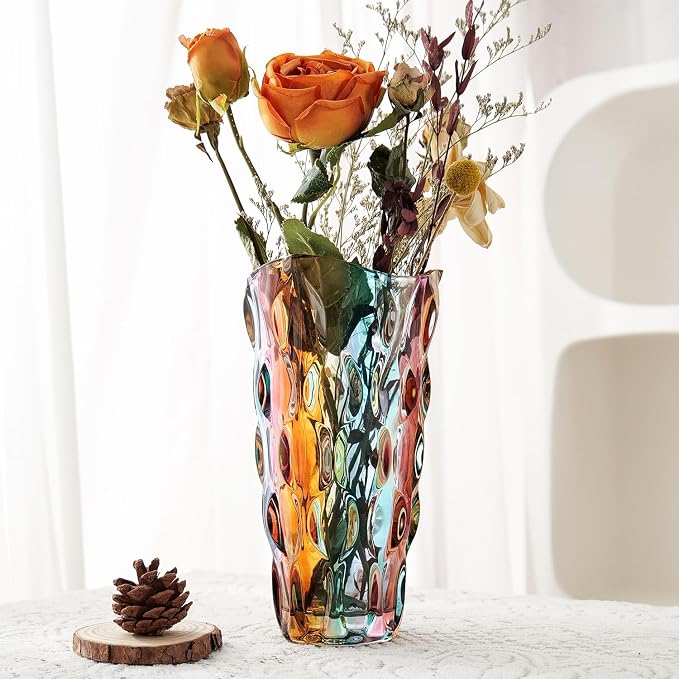 CEMABT 9.5inch 3.4 lb Glass Vases for Flowers Unbreakable Thickened Morden vase for Tables Centerpieces,Colorful,Vintage and Clear Rose Large Flower vases for Bouquet Unique Gifts（Flow Colorful