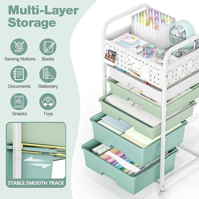 5 Drawer Rolling Storage Cart with Pegboard Top and Hooks, Mobile Organizer Cart with Wheels for Office Supplies, Craft Storage, Classroom Organization, Home Utility Cart, Gradient Green