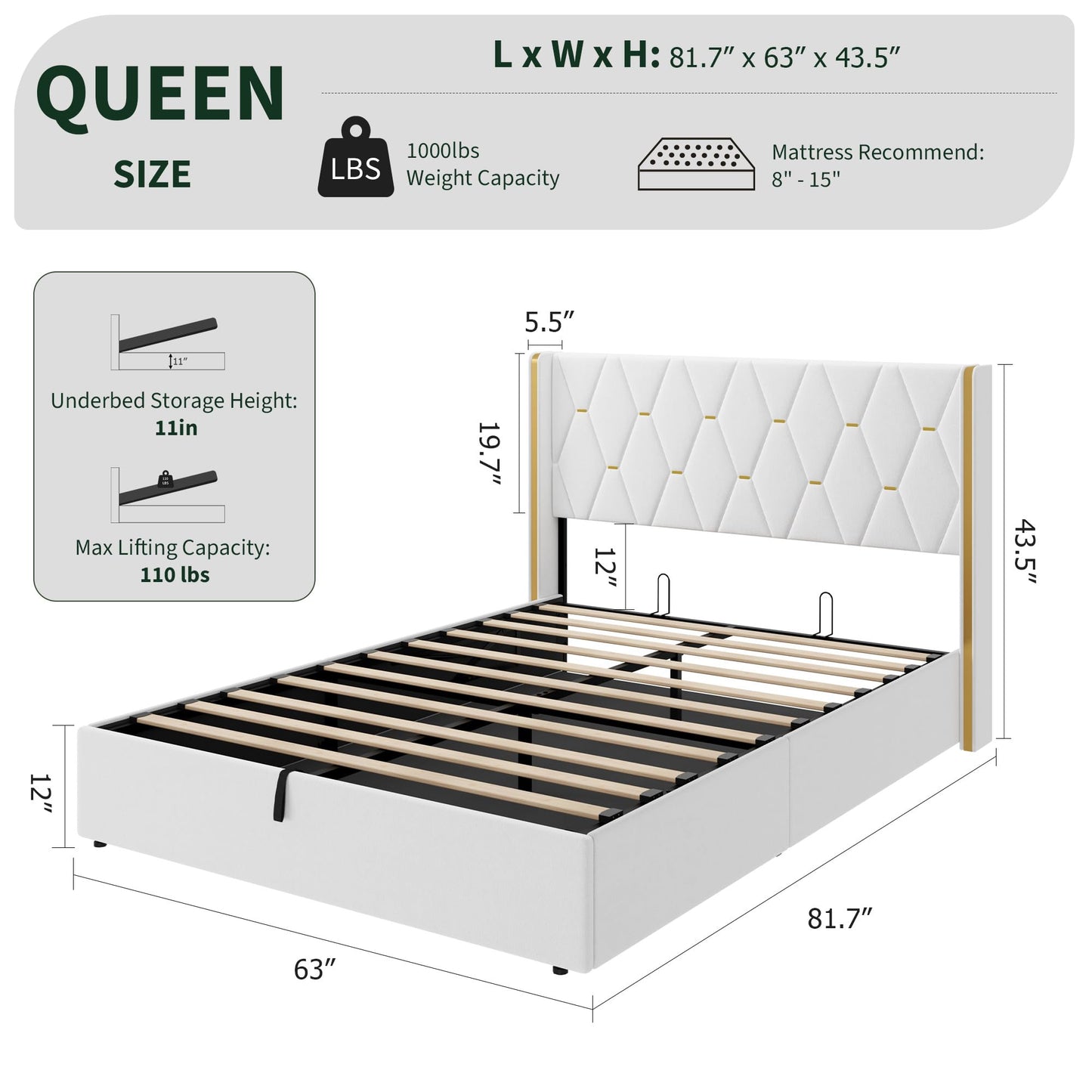 Garvee Queen Size Lift Up Storage Bed Frame with with Gold Wingback Headboard, Velvet Upholstered Bed Frame with Diamond Tufted Design & Gold Trim, Hydraulic Support, No Box Spring Needed, White