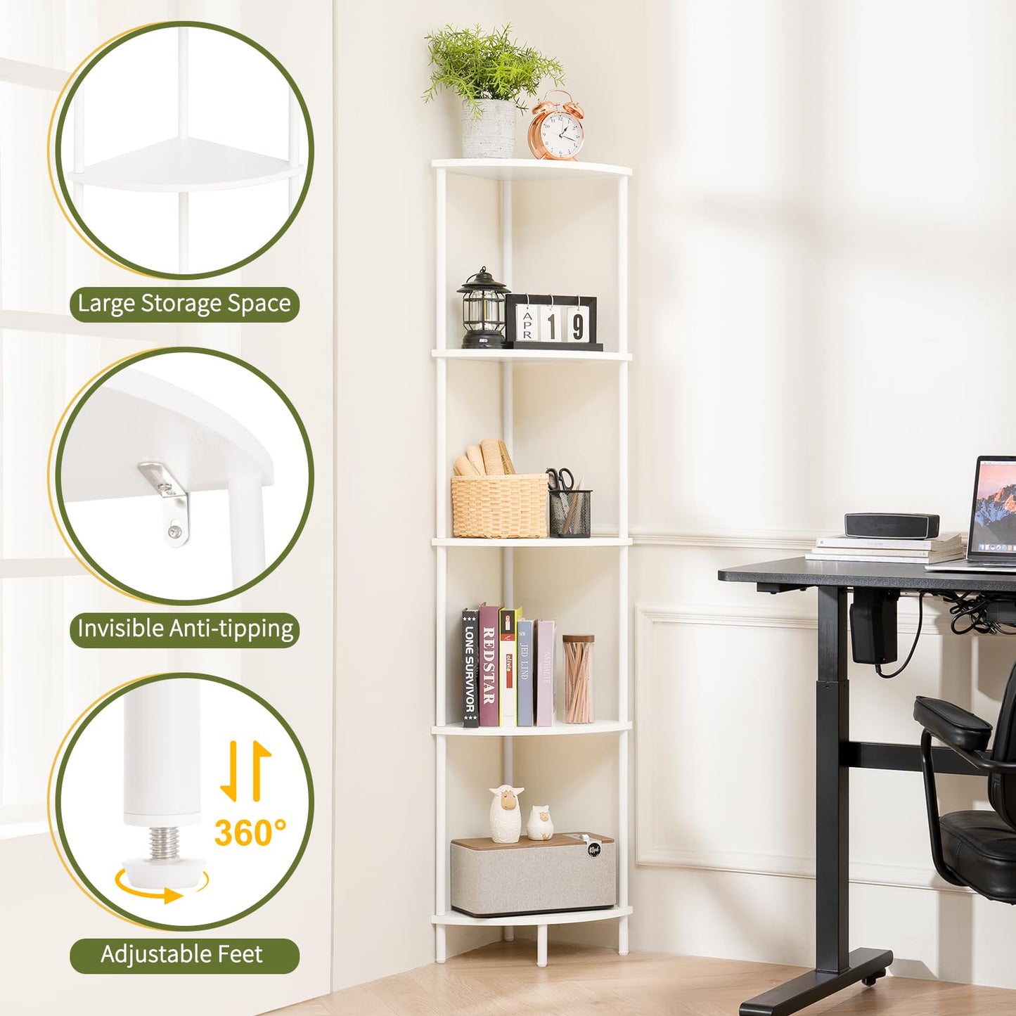 Yoobure Corner Shelf Stand, 5-Tier Bookshelf, 65" Tall Shelves for Bedroom, Living Room, Narrow Display Shelf Bookcase, White Book Shelf with Display Shelves for Office