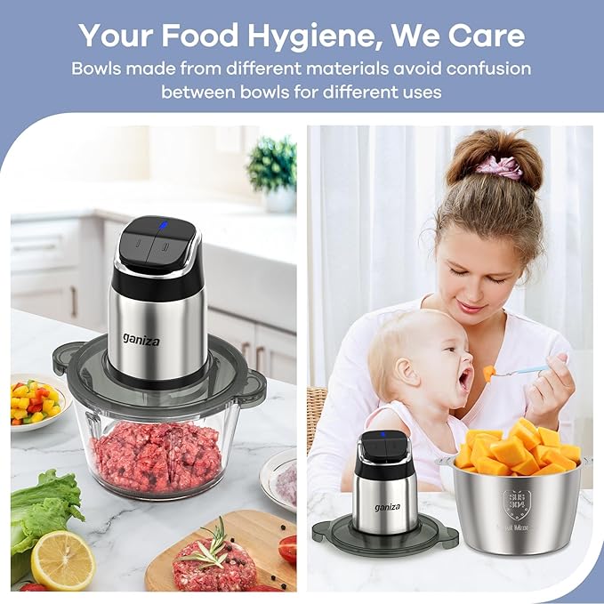 Ganiza Food Processor with Dual Bowls, 2-Speed Food Chopper & Meat Grinder | 8Cup Stainless & 8Cup Glass Bowls, Upgraded Button & Smart Overheat Protection Light - Includes Clean Brush, 2 Sets of Blades