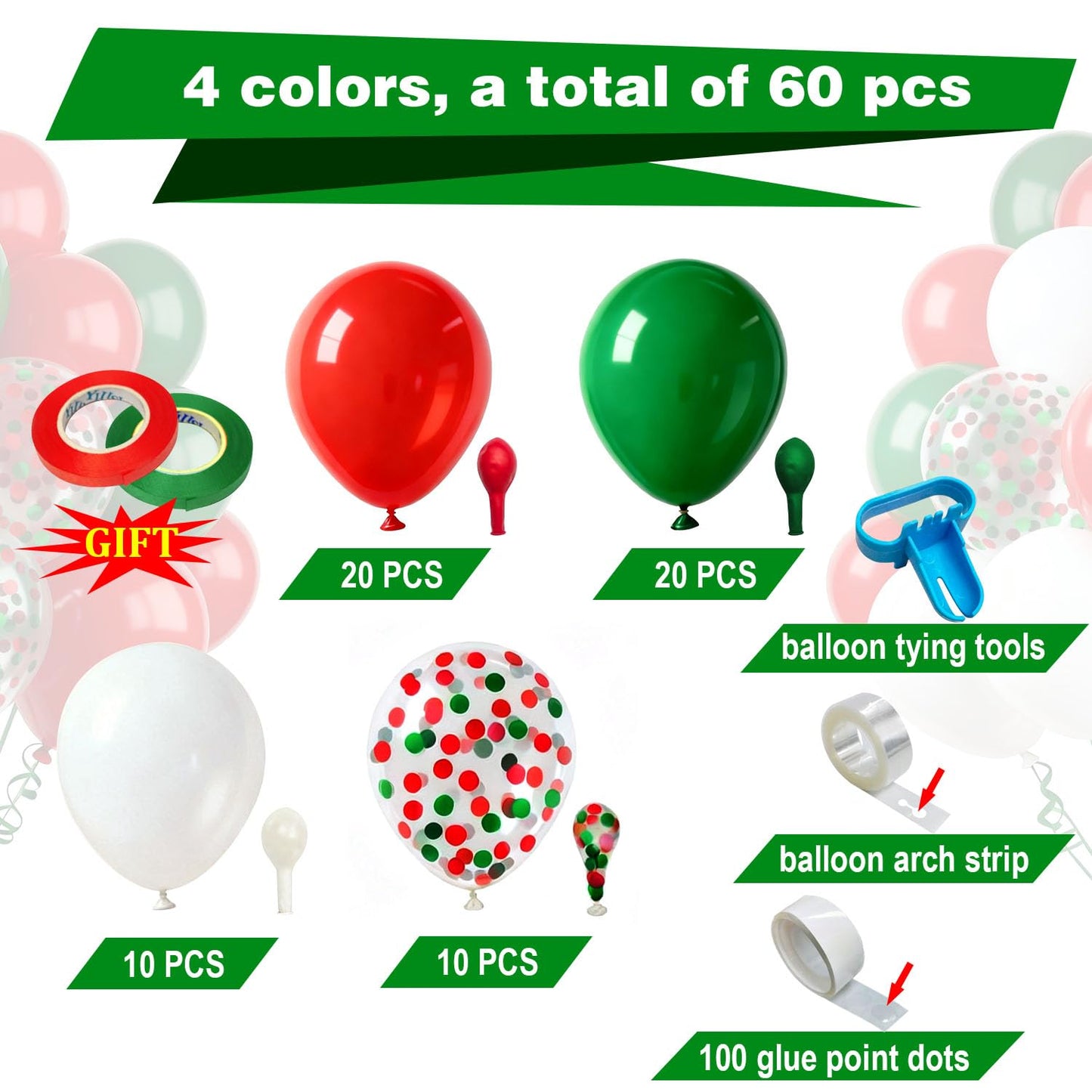 60 Pcs 12 Inch Christmas Balloons Red Green White Confetti Balloons for Birthday Wedding Festival Christmas New Year Holiday Decoration
