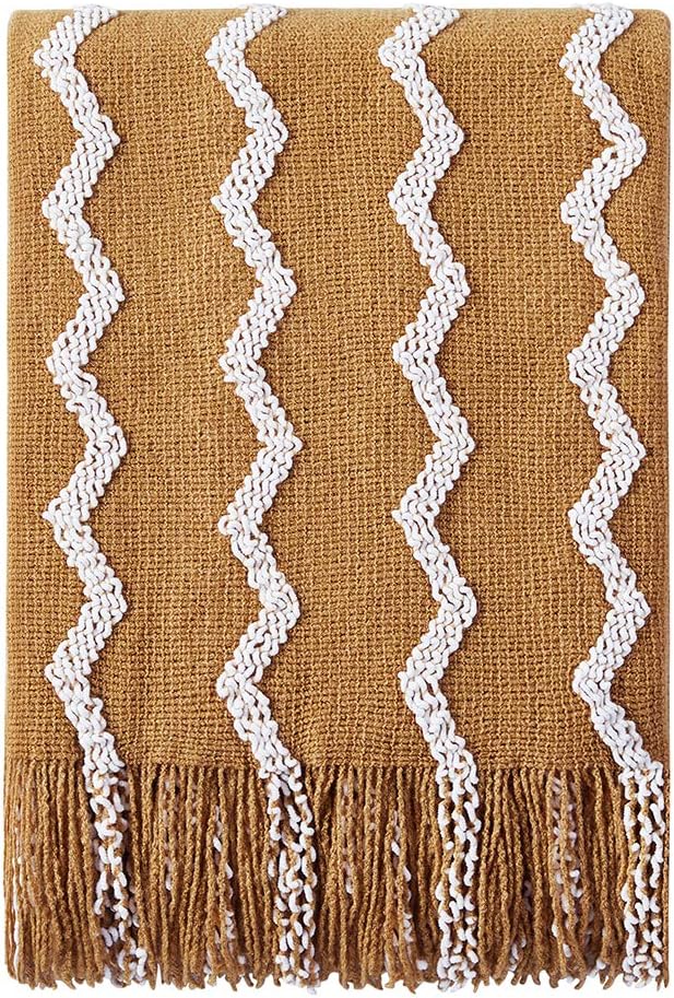BOURINA Fluffy Chenille Knitted Fringe Throw Blanket Lightweight Soft Cozy for Bed Sofa Chair Throw Blankets, Dark Gold 50" x 60"