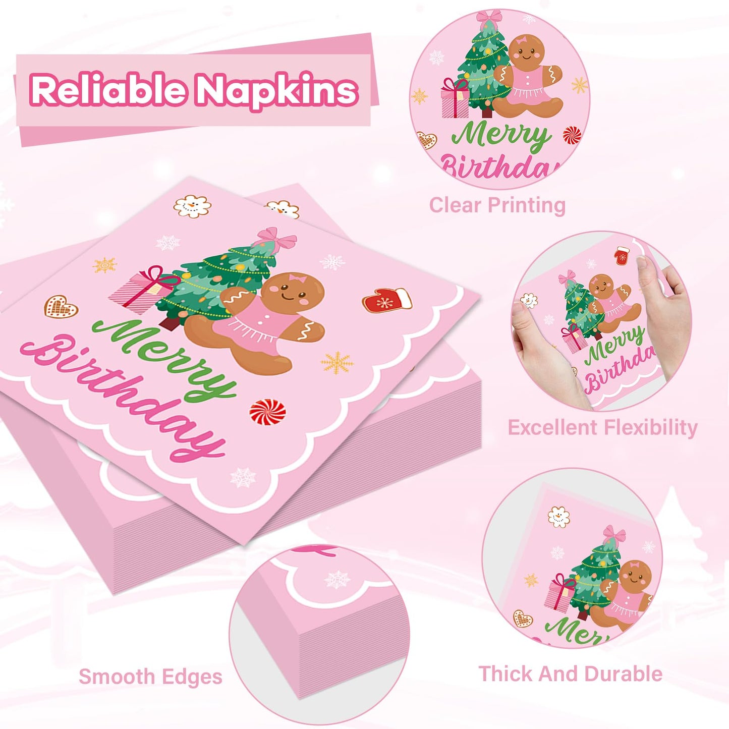 96 Pcs Gingerbread Birthday Party Plates Napkins Tableware Set Pink Christmas Party Supplies Disposable Dinnerware Merry Birthday Decoration Favors for Winter Xmas Baby Shower Holiday, 24 Guests