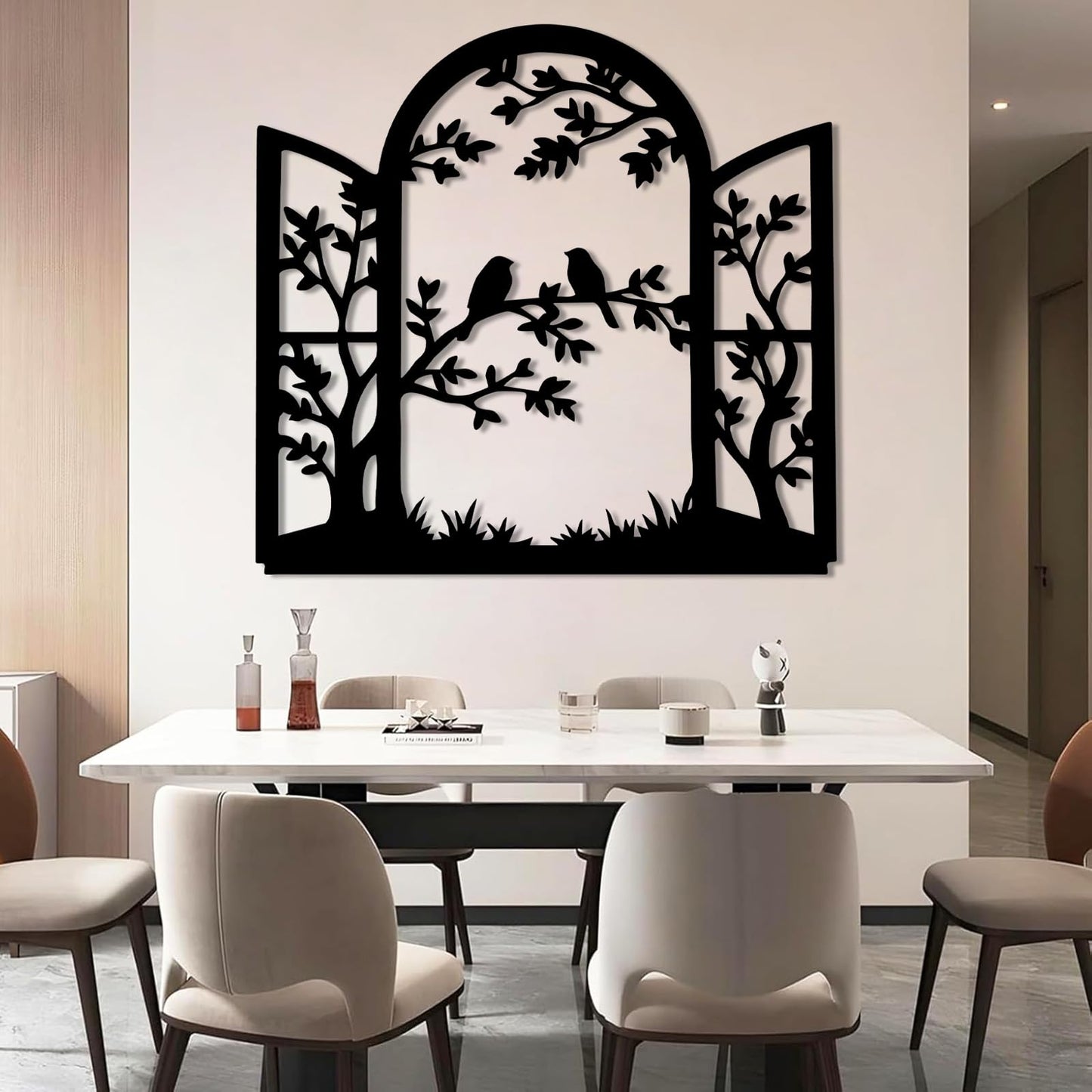 Bird Window Metal Wall Art, Bird on Branch Metal Wall Decor, Window Frame Wall Art, Birds Branch Silhouette Wall Hanging, Nature Decorations for Living Room, Hallway (Gold, 17"x19"/44x47cm)