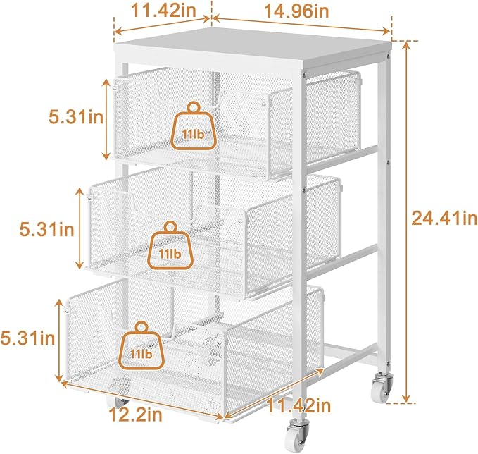 Kitchen Cart with Storage, 3-Tier Pantry Organizer and Storage Cart with Drawer, Fruit Vegetable Storage Cart with Wheels, Wooden Top Metal Wire Kitchen Organizer Rack Stand for Snack Onion Potato