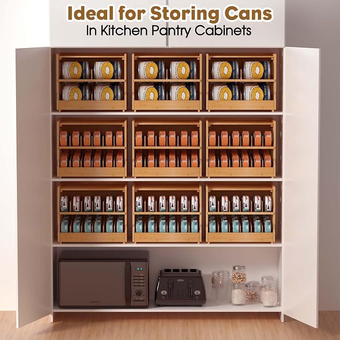 Teamkio Stackable Bamboo Cat Food Organizer, 2-Tier Adjustable FIFO Can Dispenser Space-Saving Storage, Holds Up to 36 Cans - Ideal for Pantry, Cabinet, Countertop