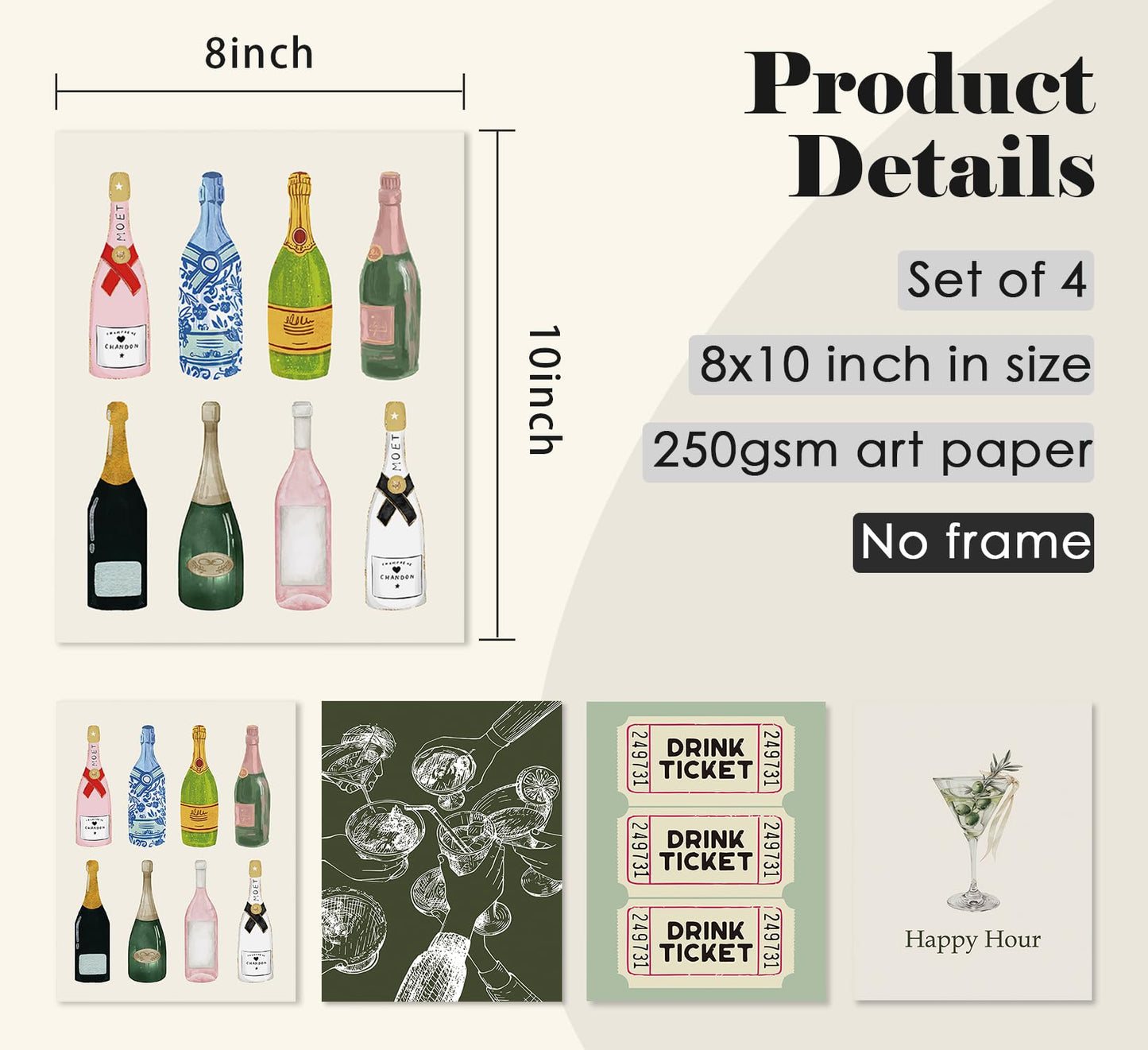 ULEGIE Bar Wall Decor Bar Cart Decor, Trendy Retro Champagne Cocktail Cheers Wall Art Decor Set of 4, Bar Poster, Bar Art Wall Decor Posters for Home Lounge Bar Club Kitchen, 8x10 Inch Unframed