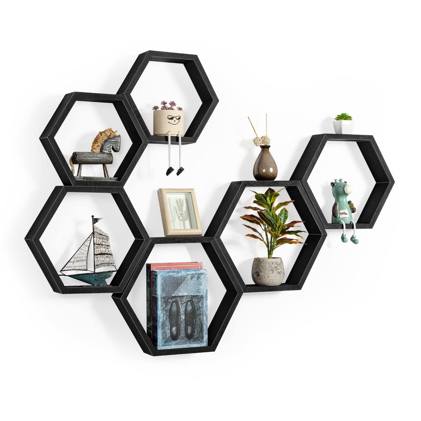 YBING Hexagon Floating Shelves Black Hexagon Shelves for Wall Wood Farmhouse Storage Honeycomb Shelves Set of 6 Hexagon Wall Mounted Home Decor Storage Shelves for Living Room Bedroom Office