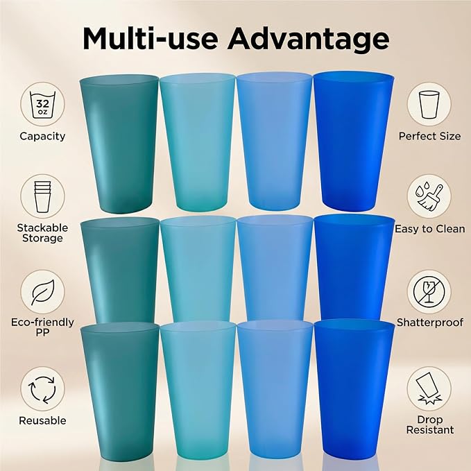 AOYITE 32 oz Reusable Drinking Cups, Unbreakable Large Plastic Tumblers set of 12, BPA Free Dishwasher Safe Cups for Kids Adult Kitchen Camping Party Outdoor