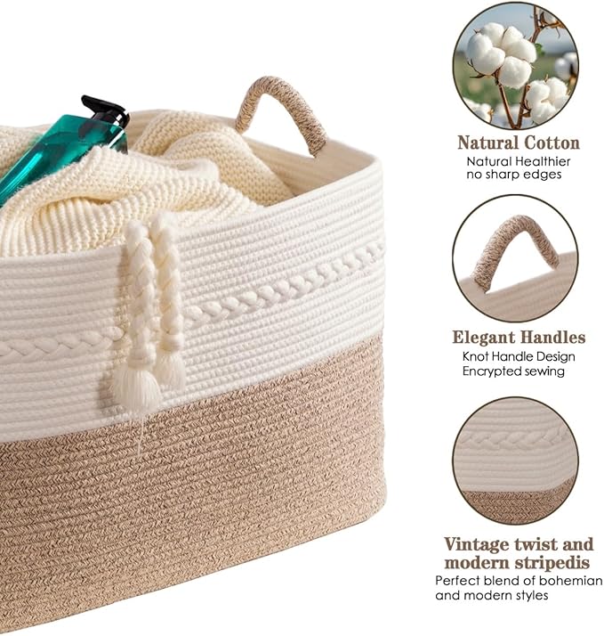 Large laundry basket woven from natural cotton rope with handles storage blankets for living rome big decorative quilted baskets for clothes toys pillows hamper 22"x14.6"x12" white/brown