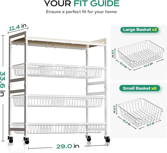 Cinati 4-Tier Utility Kitchen Cart with Wood Top, 29" W Kitchen Storage Cart with 8 Baskets & Handle, Metal Snack Cart with Wheels, Adjustable Pantry Organizer and Storage Cart for Fruit, Vegetables