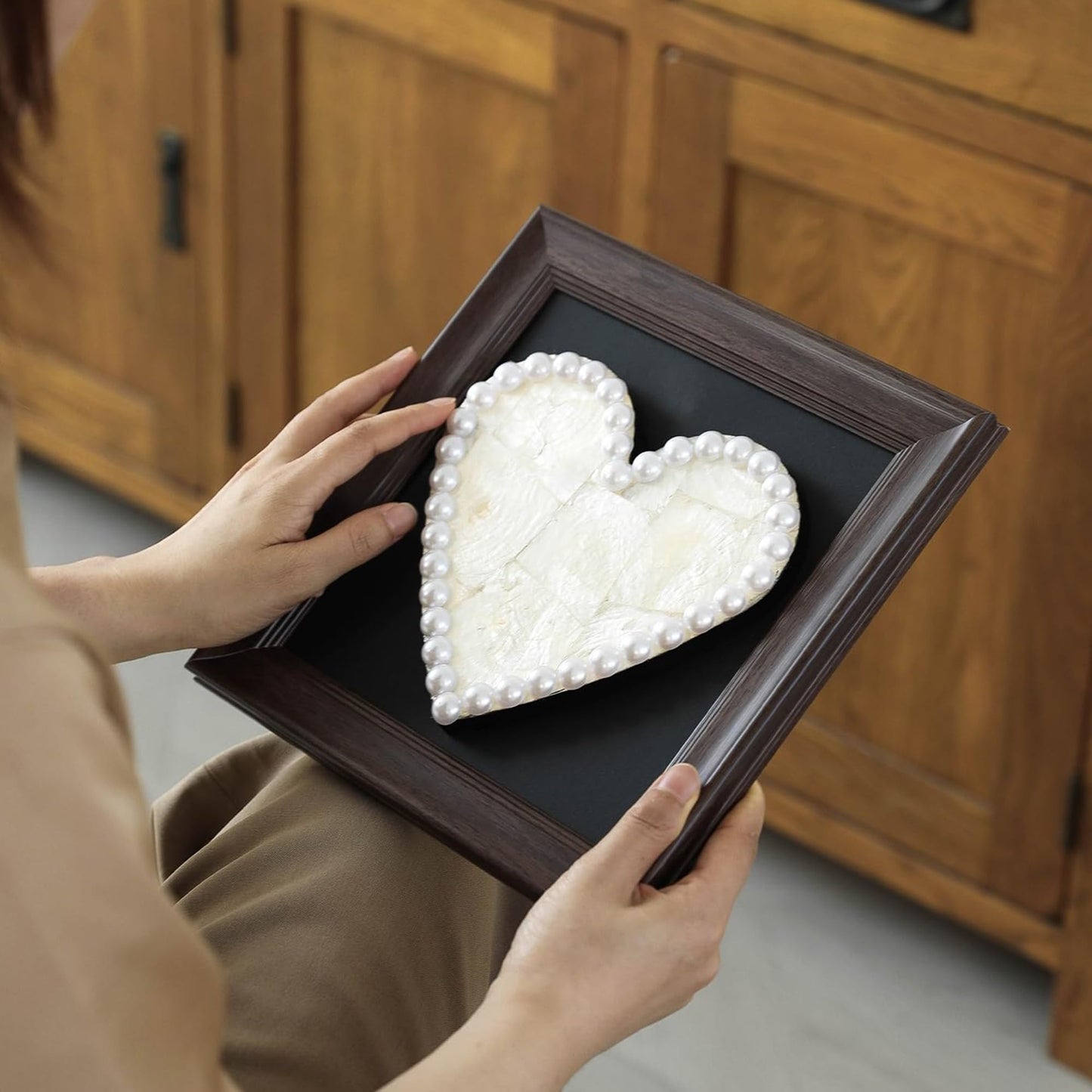 Handcrafted Heart-Shaped Seashell Wall Art with Pearl Border – Decorative Romantic Framed Shell Heart for Home, Wedding, and Gift