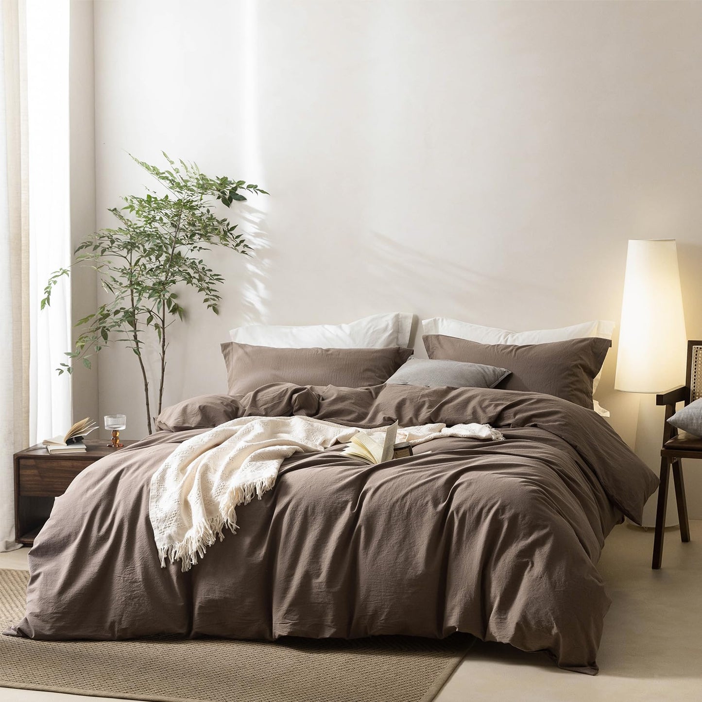 BDEAR 3 Pieces Light Chocolate Brown Duvet Cover Set Queen Size 90'' L x 90'' W, 100% Washed Cotton Duvet Cover with Zipper Closure Plus 2 Pillowcases, Oeko TEX Standard Certificated