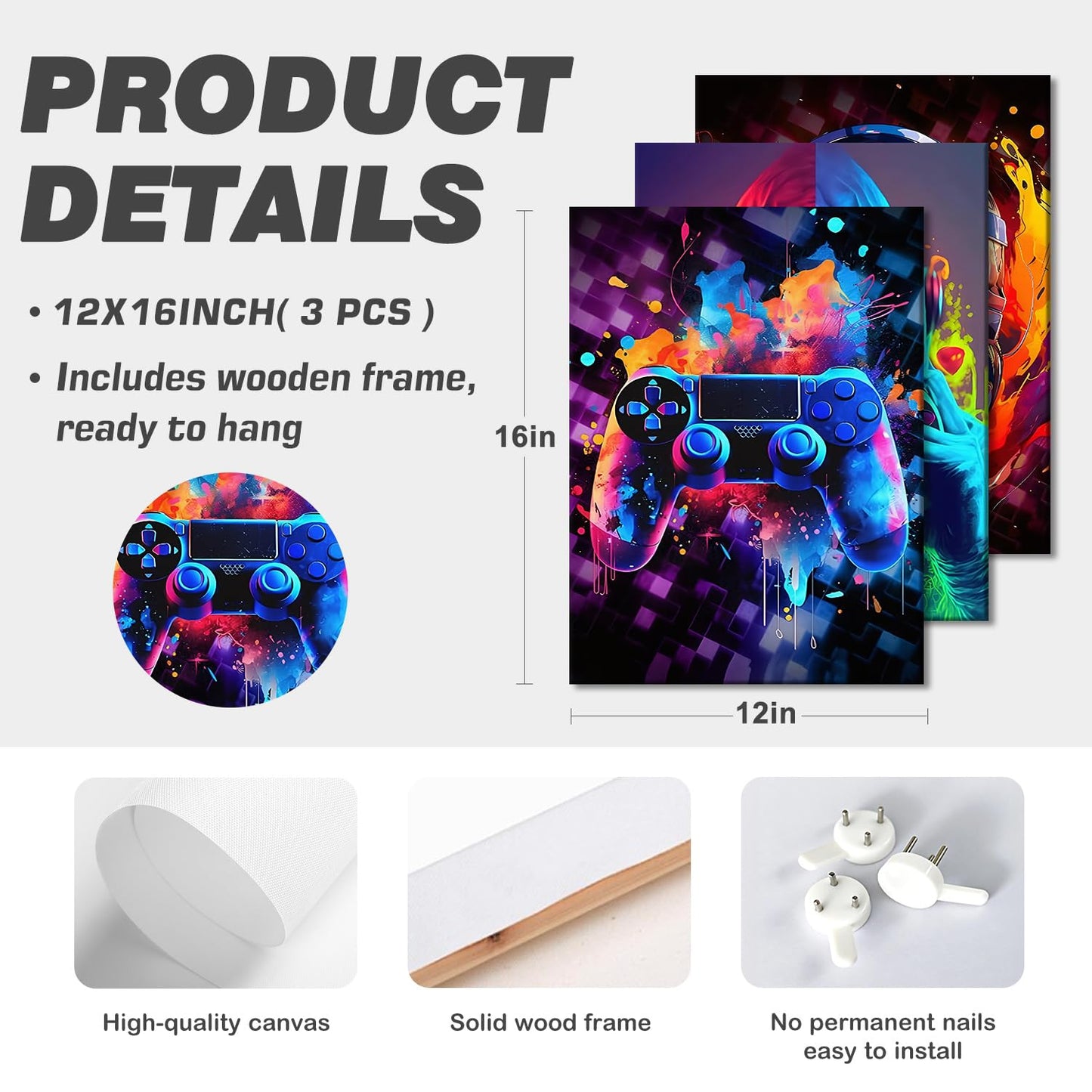 LYYGLYY 3Pcs Framed Cool Gaming Canvas Wall Art, Neon Video Game Printed Wall Art, Gamer Bedroom Artwork for Walls, Dazzling Headset Gamepad Poster Wall Decor for Gaming Room, Boys Room 12x16 Inches
