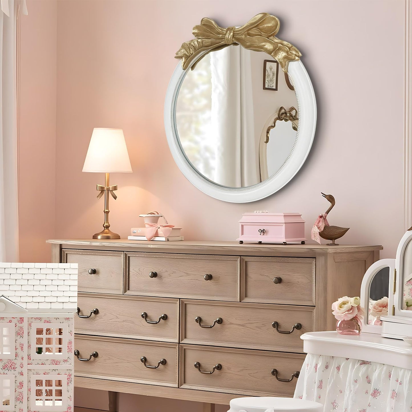inoseen Antique Bow Round 26x26 inch Wall Mirror, White and Gold Bow Frame Circle Mirror for Wall Decor for Bathroom Sink, Living Room, Hallway & Bedroom