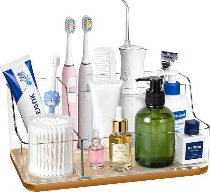Gold Vanity Bathroom Countertop Storage Rack Lipstick & Makeup Brush Organizer Skincare Storage Box for Vanity Ideal for Bathroom, Living Room, and Kitchen Organization