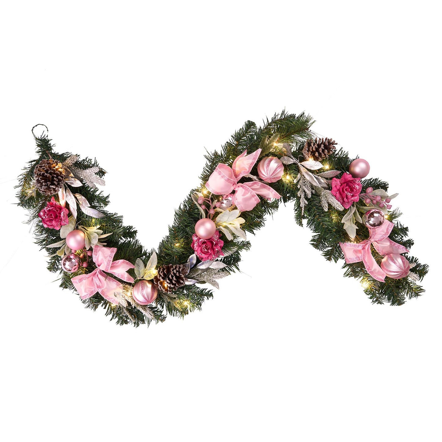 6 feet Christmas Pink Garland for Front Door with 30 LED Lights,Festive Lighted Holiday Decor,prelit Mantel Garland withTimer,Stair and Fireplace Pink Rose Decoration for Christmas and Wedding