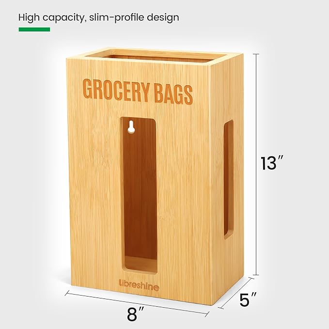 Libreshine Extra Large Bamboo Grocery Bag Holder for Plastic Bags, Under Sink Cabinet or Wall Mounted Organizer, Space-Saving Bag Dispenser for Kitchen, Pantry, Laundry Room, Garage