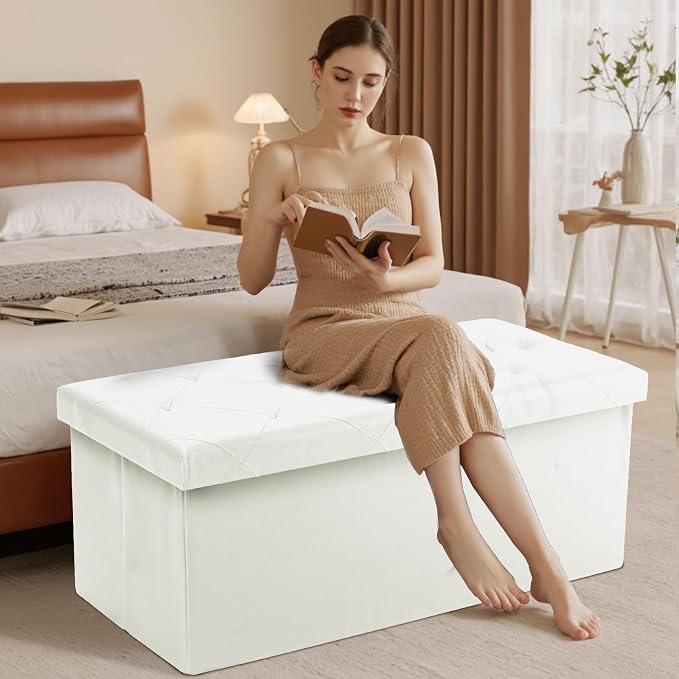 Sweetcrispy 43 Inches Folding Ottoman with Storage Bench, Foot Rest Stool, End of Bed Storage Bench Upholstered, Load 660 lbs, for Living Room, Synthetic Leather, Beige