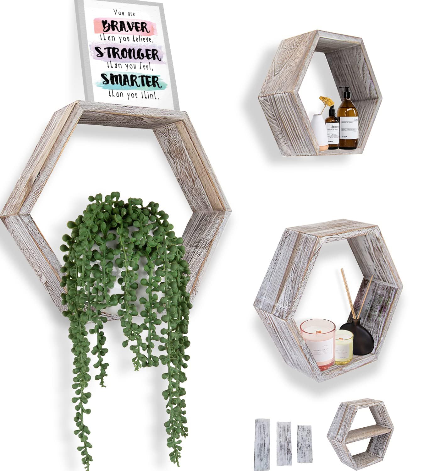 Comfify Rustic Wall Mounted Hexagonal Floating Shelves – Set of 3 Honeycomb Shelves - Farmhouse Decor – Honeycomb Wall Decor - Rustic White