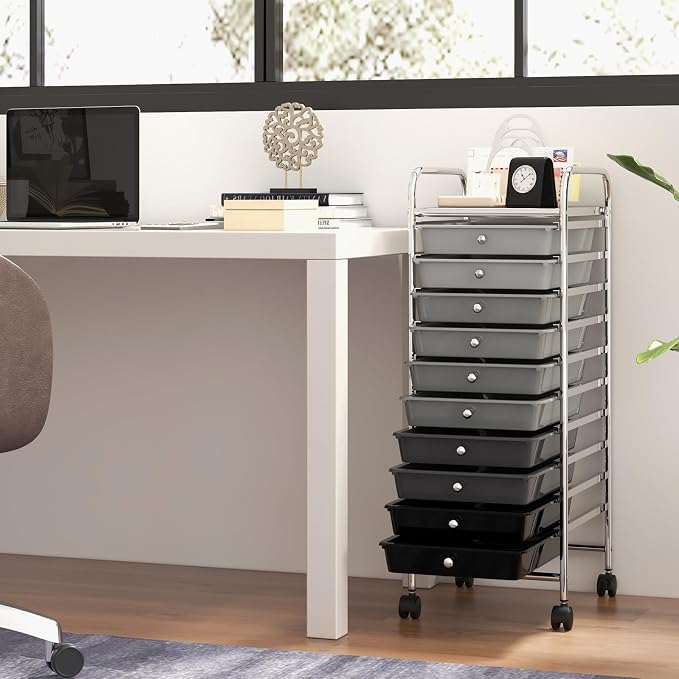 MEDIMALL 10 Drawers Rolling Storage Cart, Multipurpose Craft Storage Cart with Wheels, Mobile Tools Scrapbook Paper Organizer Cart for Office School Home Use