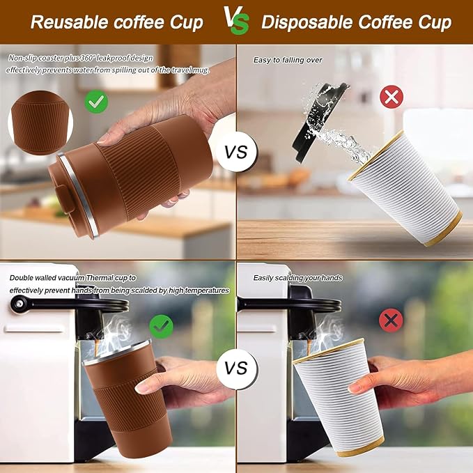 YINBAOGE Insulated Travel Coffee Mug, Spill & Leak Proof, Portable To Go Camping Stainless Steel Coffee Tumbler, Reusable Thermal Coffee Cup with Lid for Hot & Cold Drinks (Brown, 12 OZ)