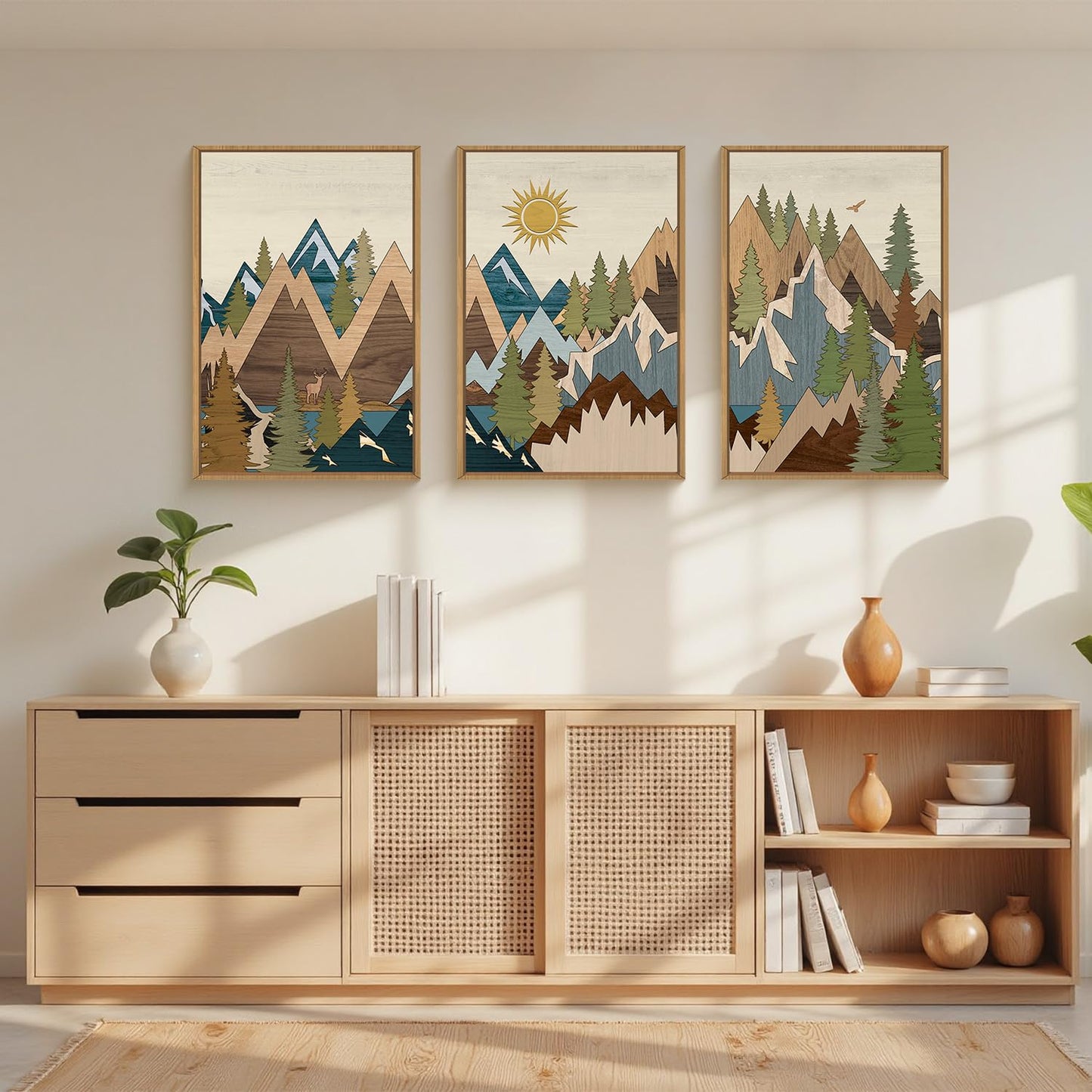 FWIEXA Large Mountain Woodcut Style Canvas Wall Art Set of 3, Sunrise Pine Tree Wall Decor, Forest Animal Painting, Nature Wilderness Lake Landscape, 16x24In Rustic Artwork for Living Room, Bedroom, Bathroom