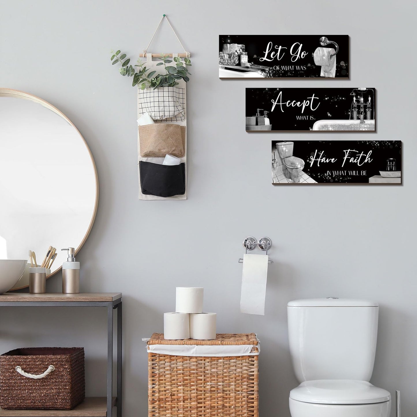 Honoson 3 Pcs Bathroom Decor Wall Art Bathroom Pictures Decor Accept Let Go Have Faith Wood Wall Hanging Sign for Home Spa Laundry 11. 8 x 3. 9 x 0. 2 Inches (Silver)