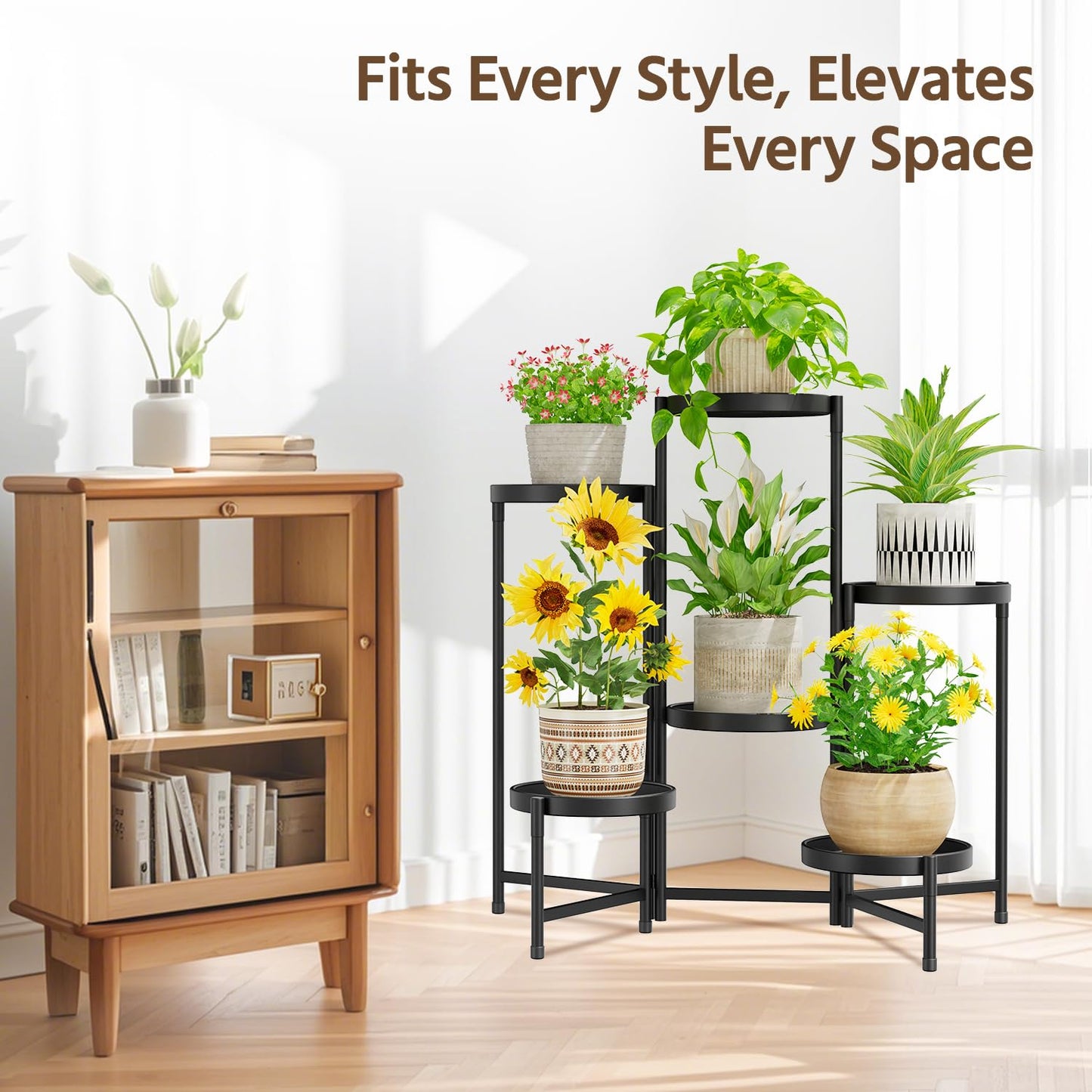 LASZOLA 6 Tier Large Plant Stand Indoor Tall with 10 Inch Metal Tray, Corner Folding Flower Display Rack, Modern Plant Holder Shelf for Outdoor Patio Porch Garden Office Living Room, Black