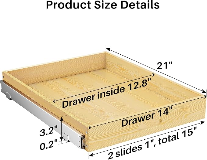 2Pack Pull Out Cabinet Organizer, Soft Close Wooden Slide Out Drawers for Pots, Full-extension Roll Out Shelves for Kitchen Cabinets, Pantry Organization, Bottom and Side Mount(15"W X 21"D x 3.4''H)
