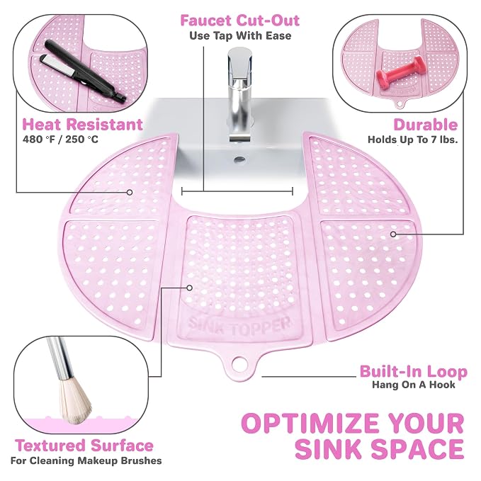Sink Topper Bathroom Counter Cover & Storage Saver, Foldable Silicone Mat for Hot Tools, Hair Styling & Makeup, Beauty Brush Cleaning Mat, RV Camper Sink Cover & for Small Spaces (Standard Pink)