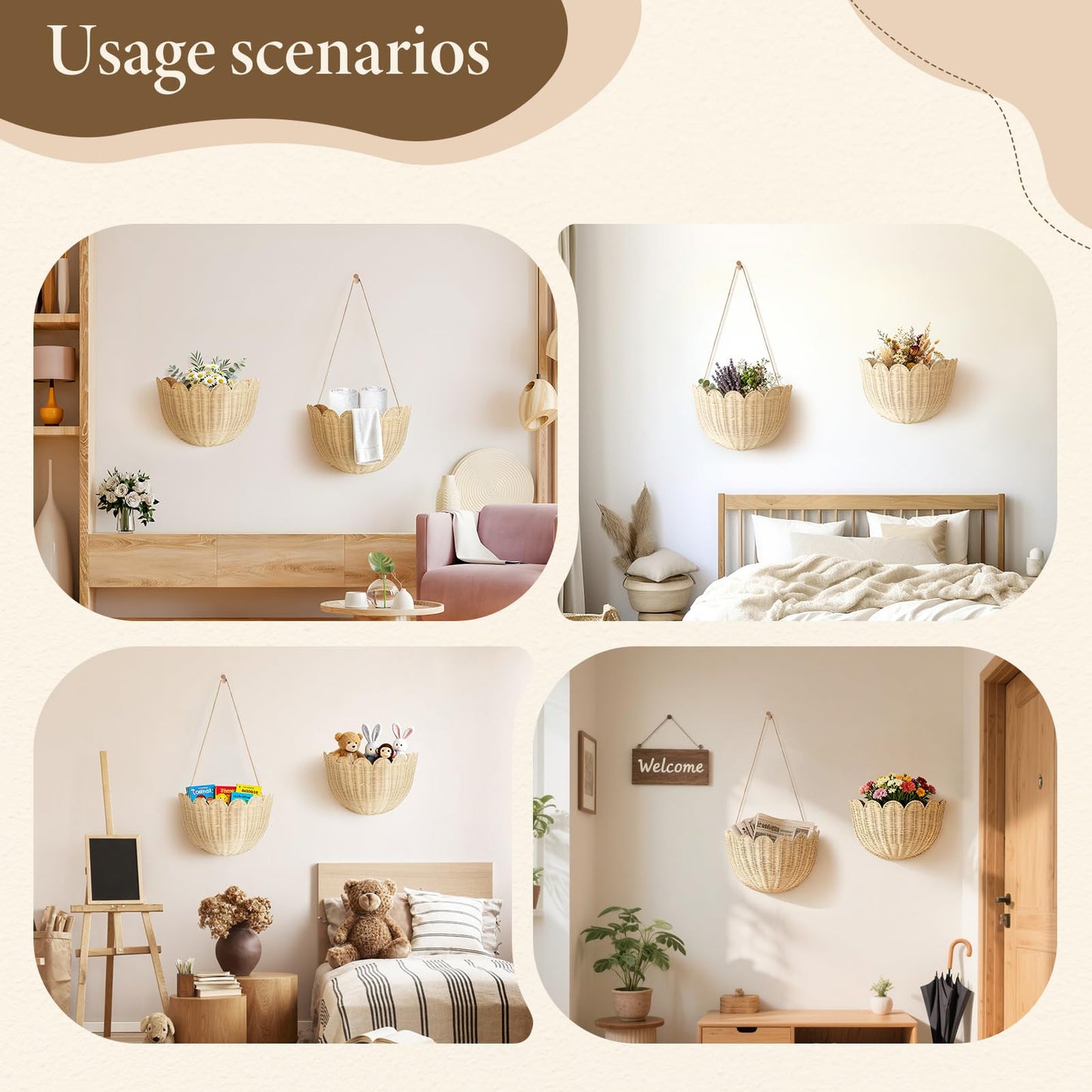 Natural Handwoven Scalloped Wall Basket Set of 2, Premium Rattan Wicker Wall Hanging Organizer for Boho Home Decor, Decorative Wall Storage for Bathroom, Entryway, Living Room & Craft Room