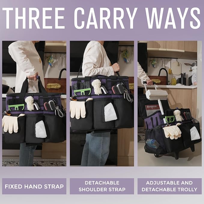 SCAVATA Rolling Cleaning Caddy Bag with Detachable Trolley, Large Cleaning Supplies Organizer with Wheels, Multi Pocket Cleaning Cart with Adjustable Shoulder Strap for Housekeeper & Home, GrapePurple