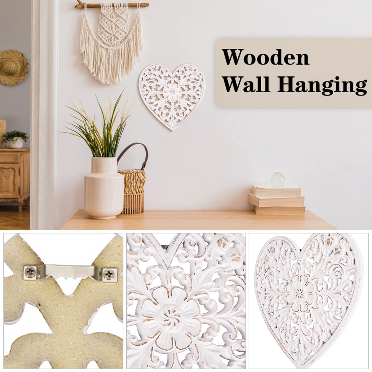 HOTBEST Wooden Wall Decor Floral Hollow Carved Wall Panel Hanging Decor Rustic Art Sculpture Home Ornament for Hallway Bedroom Living Room Cafe Office (Heart Shape 30 * 30cm)