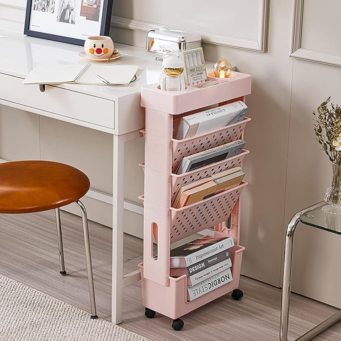 Pink Rolling Office Paper Organizer, Mobile Book Cart Document Folder File Storage with Pen Holder, Slim Rolling Storage Cart Movable Bookshelf for Office, Dorm, Classroom, Nursery