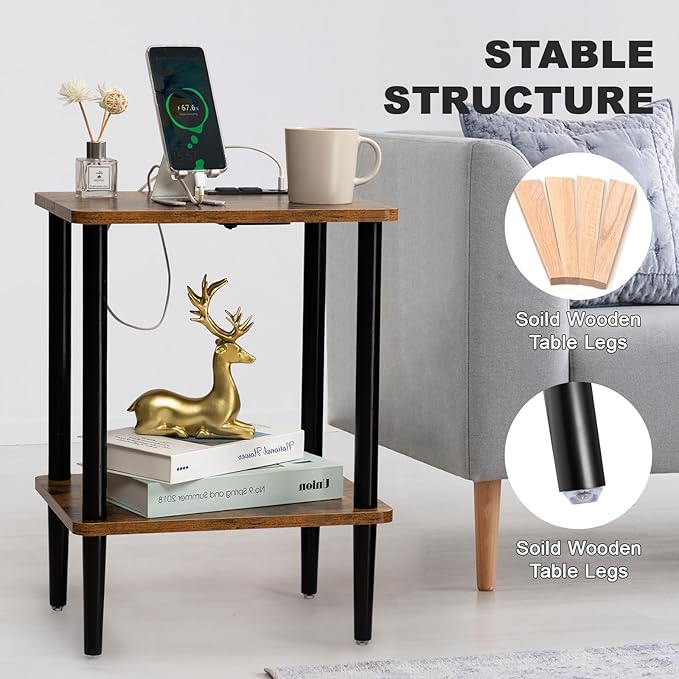 FORAOFUR End Table with Charge Station, Small End Tables Living Room, Nightstand with 2 Tier Storage Shelves for Small Spaces, Living Room, Bedroom, Sofa End Table Rustic Brown