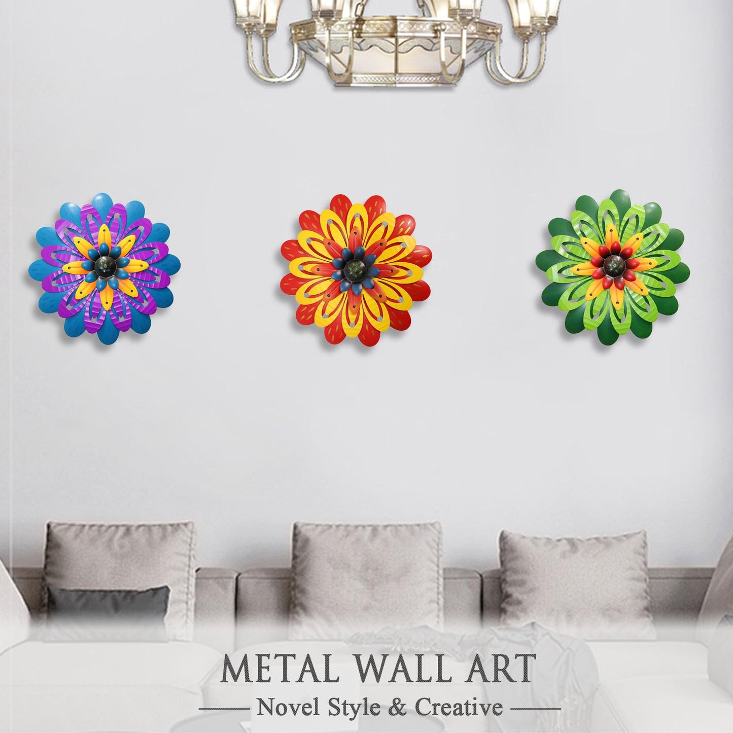 Metal Flowers Wall Decor Indoor Outdoor Metal Wall Art for Home Farmhouse Living Room Bedroom Bathroom Garden Decorations - Purple & Blue