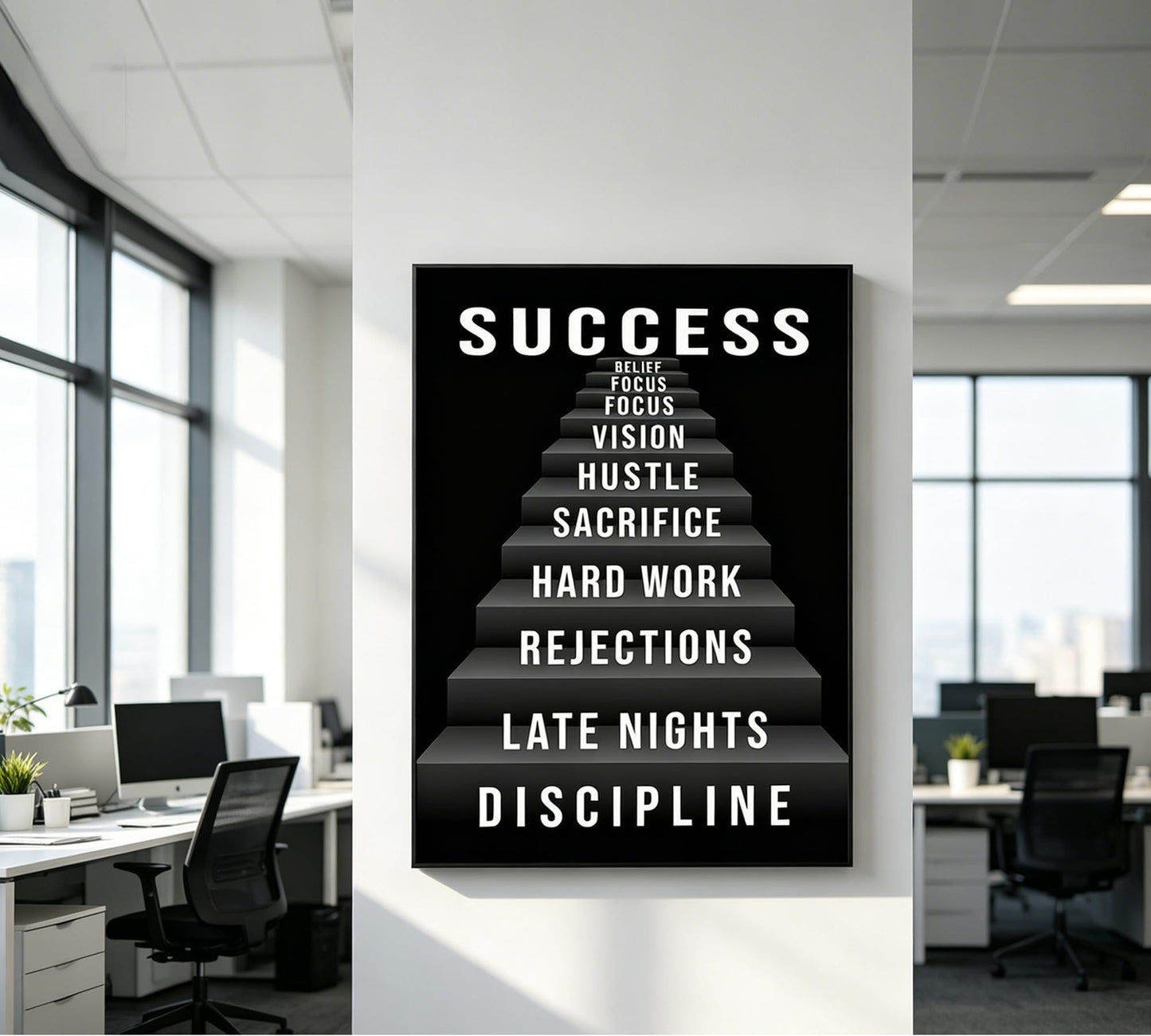 Inspirational Canvas Wall Art,Success Stairs Painting Picture Wall Decor,Black Motivational Poster Print Artwork,Positive Work Quotes for Men Bedroom Living Room Office Home Decoration,12x16 Inch