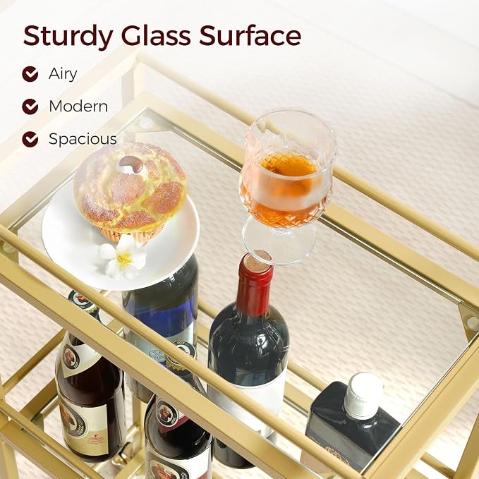 MAHANCRIS Bar Cart for The Home, 3-Tier Drink Cart on Wheels, Home Bar Serving Cart, Mini Bar Cart for Small Space, Kitchen, Dining Room, Gold RCJ40B01
