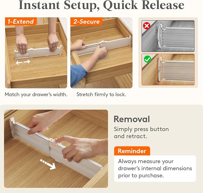 Lifewit Drawer Dividers for Clothes, 3.2" High 10.5"-16.5" Expandable Dresser Drawer Organizers, Adjustable White Plastic Separators for Kitchen, Cabinet, Nursery, Socks & Underwear Storage, 6 Pack
