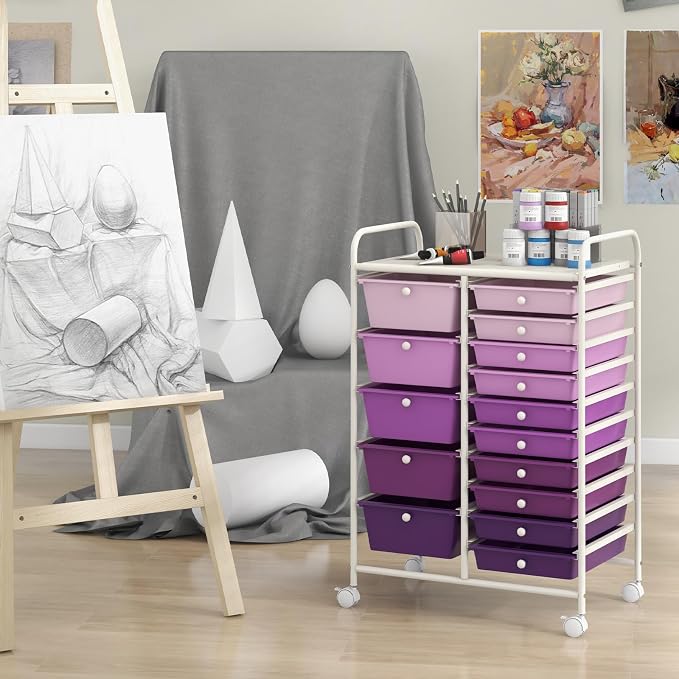 Giantex 15 Drawers Rolling Cart, Classroom Organizers, Storage Cart with Wheels, for Teacher Office Home School Supplies Tool Craft Art Paper, Purple Gradient
