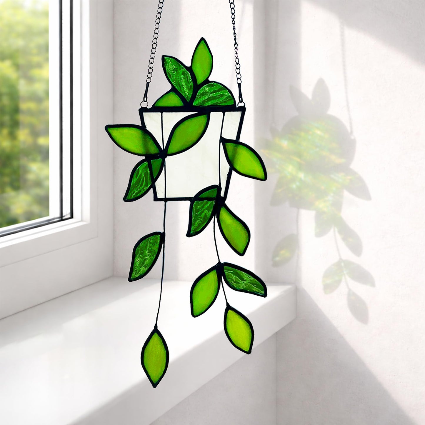 Plant Stained Glass,Stained Glass Window Hanging,Real Handmade Suncatcher,Artificial Green Plants Decor for Women Mom Grandma Plant Lovers,Sun Catcher for Home Windows