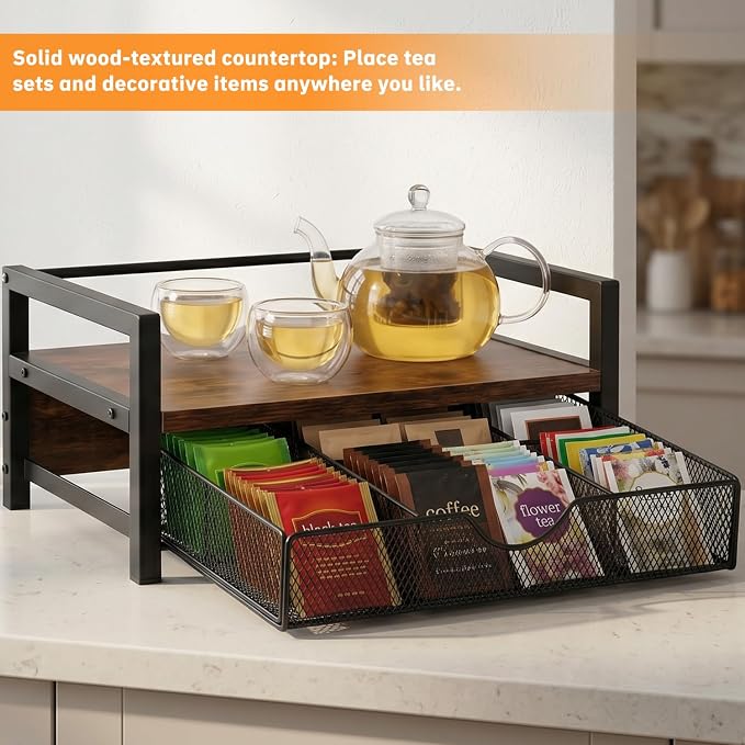 Wooden Tea Bag Organizer with Drawer, 6 Compartments, Large Capacity 13.39" x 9.65" Rustic Brown Tea Station Storage Chest for Countertop, Kitchen, Coffee Bar & Office