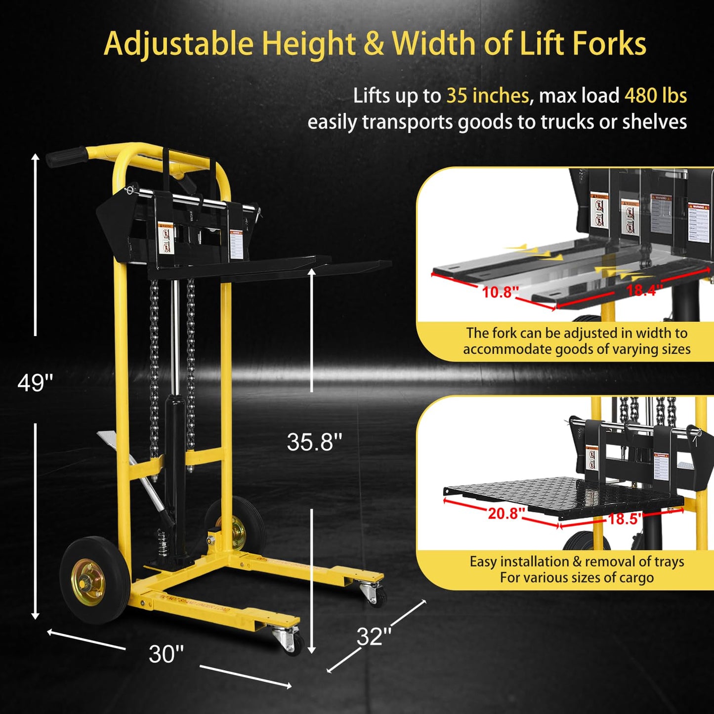 Hydraulic Lift Table Cart, 480 Lbs Capacity 35" Max Lift Heavy-Duty Hydraulic Material Lift, Portable Steel Platform Lift Cart w/ 9" Swivel Casters, Hydraulic Pallet Jack Table for Material Handling